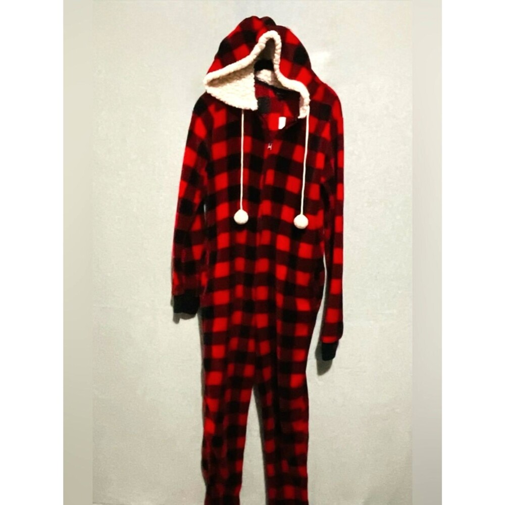 Just Love Buffalo Plaid Sherpa Hooded Onesie Small Red Black Pajamas Pom Poms
